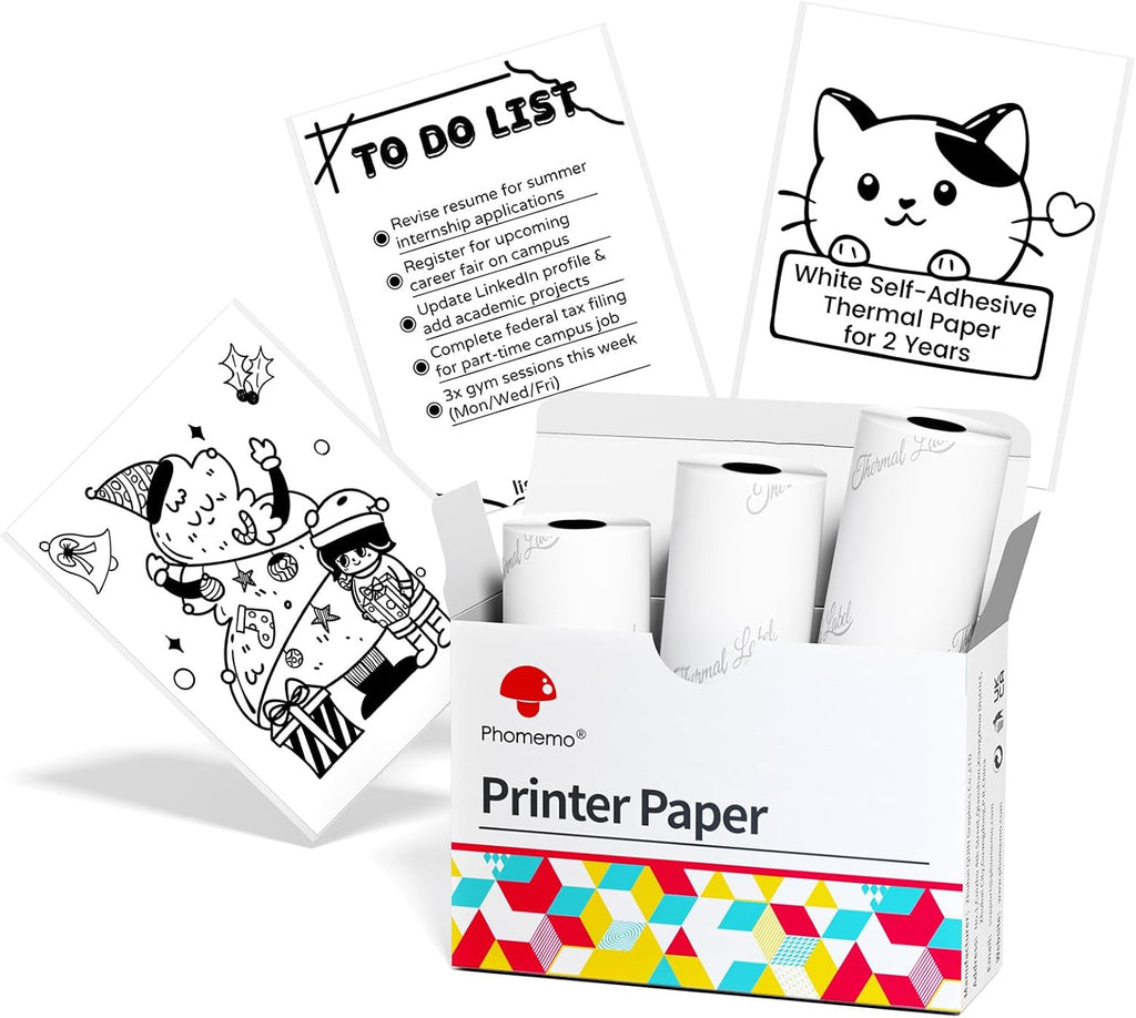 White Self-Adhesive Thermal Paper, Glossy Printable Sticker Paper for  M02/M02 Pro/M02S/M03 Pocket Mobile Printer, Black on White, 50Mm X 3.5M, Diameter 30Mm, 3-Rolls