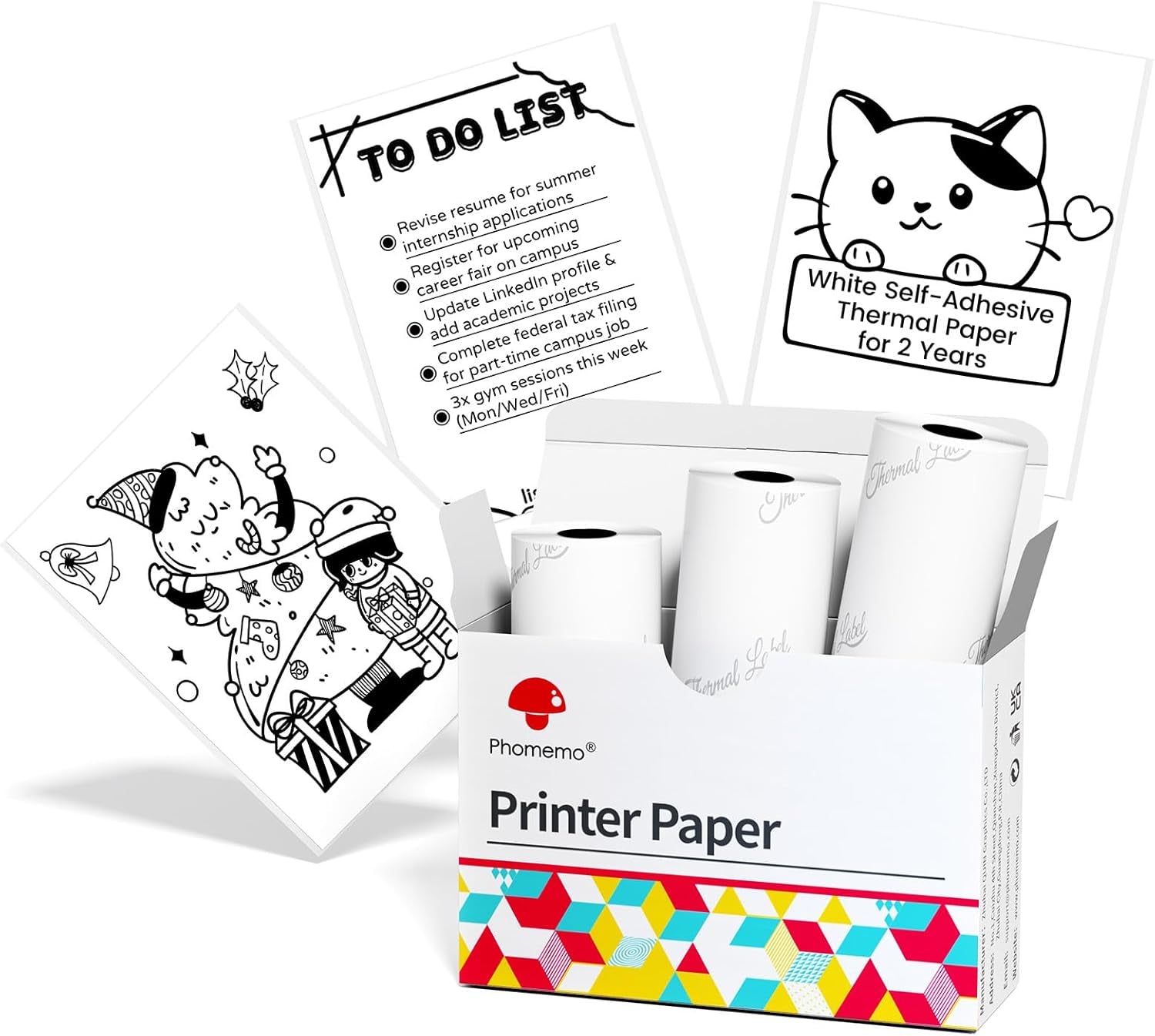 White Self-Adhesive Thermal Paper, Glossy Printable Sticker Paper for  M02/M02 Pro/M02S/M03 Pocket Mobile Printer, Black on White, 50Mm X 3.5M, Diameter 30Mm, 3-Rolls